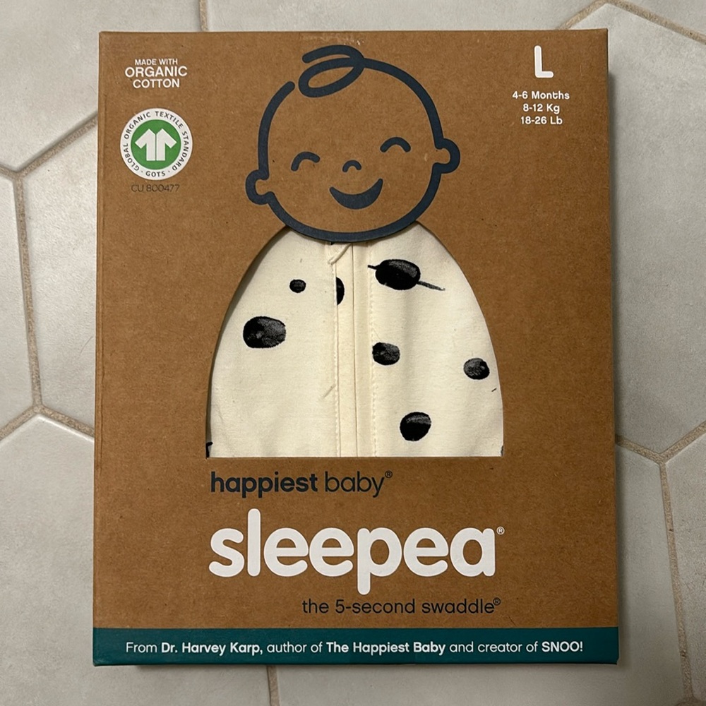 New in box sleepea sleep sack, size large (4-6 months/18-26lbs), color white